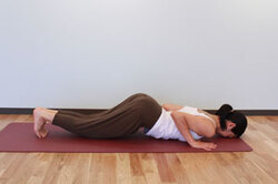 6.息を吐きながら、膝、胸、額と順に床へ降ろす。腰は床から浮かせ、爪先を下に丸める。